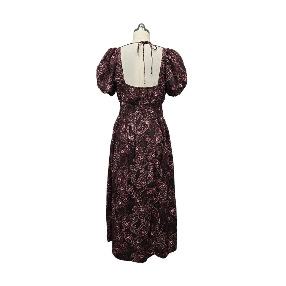 Abercrombie & Fitch Womens Large Paisley Floral Smocked Maxi Dress Burgundy Boho